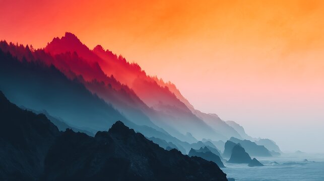 A breathtaking view of layered mountain ridges fading into mist under a vibrant orange and blue sunset sky over the sea.