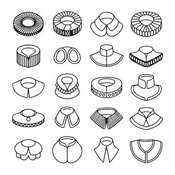 Variety of decorative collar styles in line art illustrations with peter pan clothing accessory