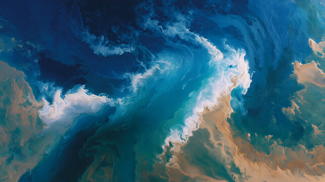 A vast abstract seascape with a massive swirling brown pattern overtaking the blue.