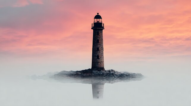 A solitary lighthouse stands on a rocky islet, surrounded by fog, against a dramatic pink and orange sunset sky.