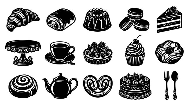 Black and White Bakery and Dessert Vector Glyph Icons Collection - Food Industry Confectionery Set