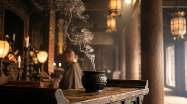 Traditional ceramic incense burner with rising white smoke on a wooden altar inside a Buddhist temple interior featuring glowing lanterns, candles, and a blurred monk praying.