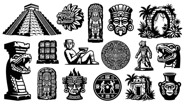 Ancient Maya Aztec Culture Black and White Glyph Vector Art Icon Set