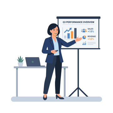 Businesswoman presenting Q3 performance overview with charts