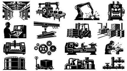 Obraz premium Industrial Manufacturing Icons: Factory, Robot Arm, Welder, Forklift, Machinery, Building