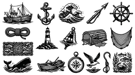 Obraz premium Nautical Tattoo Set: Ships, Anchors, Waves, Compass, Lighthouse, Sealife