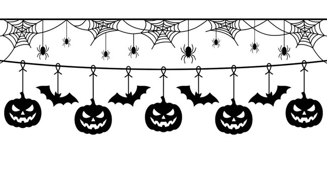 Halloween decorations border jack o' lanterns bats spiders web isolated on transparent background