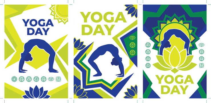 International Yoga Day poster set, geometric yoga flyer templates, blue and lime green EPS vector isolated on White Background