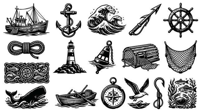 Nautical Tattoo Set: Ships, Anchors, Waves, Compass, Lighthouse, Sealife