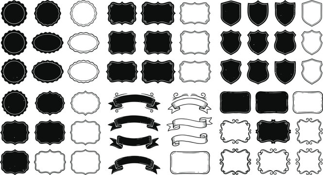 Decorative Frames And Ribbons Black And White Vector Illustration