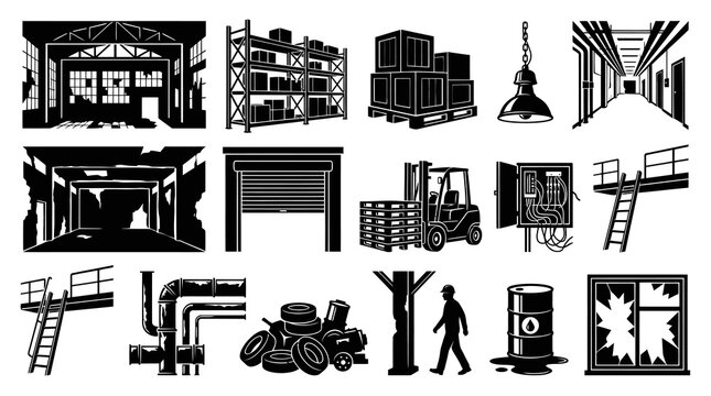 Industrial Warehouse Factory  Occupational Safety Vector Glyphs Set - Danger, Logistics, Manufacturing Icons