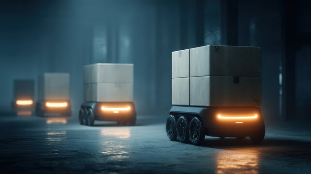 Futuristic autonomous warehouse robots transporting goods industrial logistics concept