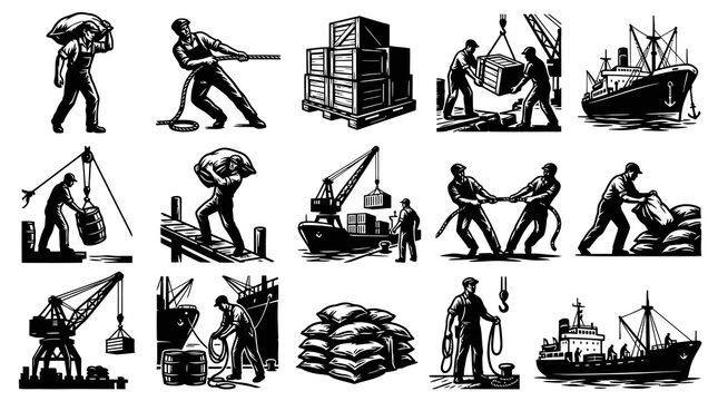 Classic Black and White Vector Art: Dockworkers, Ships, and Cargo Handling in Shipping Industry