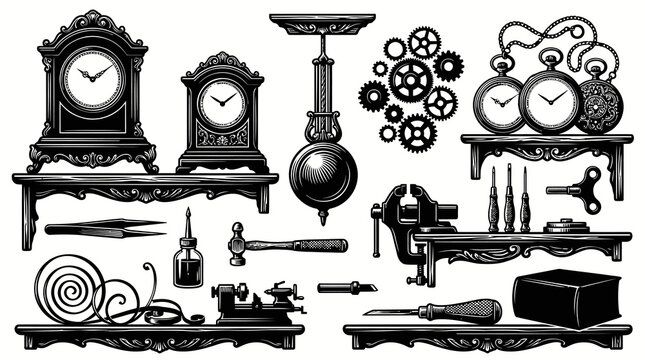 Black and White Line Art Collection of Vintage Clockmaking Tools and Timepieces
