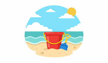 Bright sunny beach day scene with bucket and shovel for sandcastle building summer vacation illustration © MstLutfa