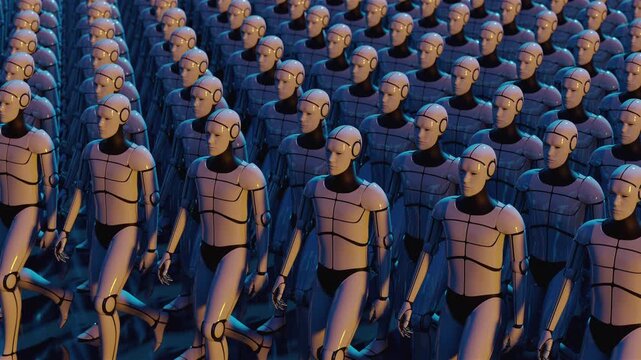 Seamless 3d loop of an army of identical futuristic androids. Abstract visualization of artificial intelligence, cloning and technology evolution. Cinematic sci-fi atmosphere for tech projects.