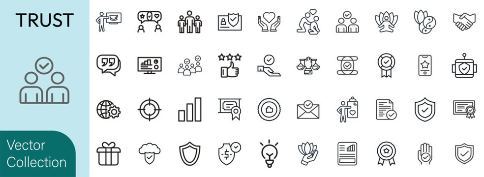 Trust icon set. Containing confidence, credibility, promise, trustworthiness, friends, truth, faith, sincerity, and honesty. Editable line icons. Vector illustration.