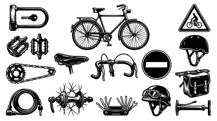 Obraz premium Bicycle Parts and Accessories, Bike Equipment, Vector Black and White Line Art