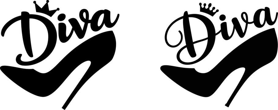 Black and white typography featuring the word diva with a heel shoe and a small crown for fashion apparel prints or stylish projects