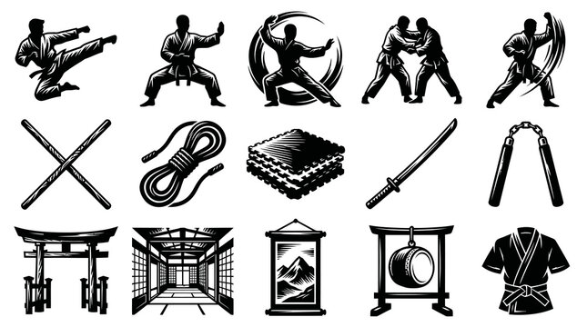 Martial Arts Black  White Line Art Vector Illustration Set: Karate, Judo, Weapons, Dojo, Training Equipment
