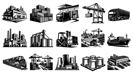 Obraz premium Industrial Logistics and Transportation Icons Set - Black White Monochrome Vector Illustrations