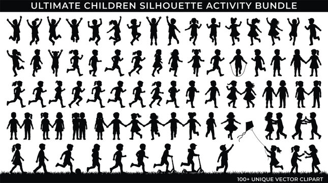 Children Silhouette Collection Black Vector Graphics On White Background