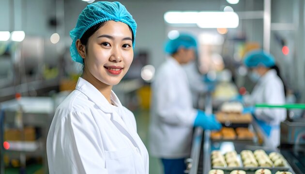Trabajadora de industria alimentaria con uniforme blanco y gorro azul en l&iacute;nea de producci&oacute;n