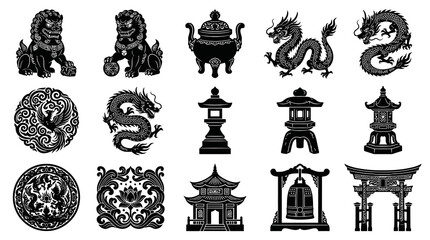 Obraz premium Chinese and Japanese Traditional Symbols Black and White Vector Icons