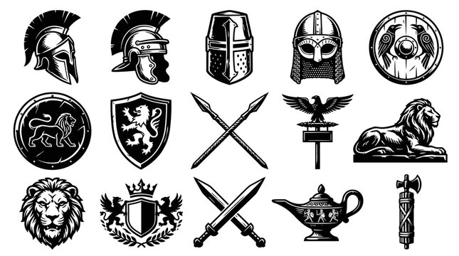 Ancient History  Mythology Black  White Line Art Symbols: Warrior Helmets, Shields, Heraldry, Animals Vector Set