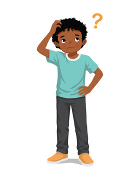 Little African boy confused scratching her head with question mark
