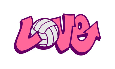 Obraz premium Pink and purple graffiti love word typography graphic displaying volleyball sports ball element with arrow tail for alternative youth culture streetwear apparel merchandise layout clip art.
