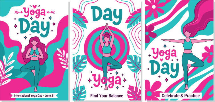 Yoga Day, Fitness Posters, Colorful Illustrations, Exercise Banners, Healthy Lifestyle isolated on White Background