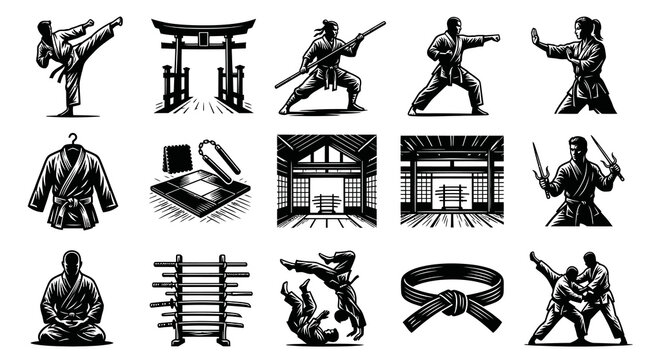 Black and White Karate Icons: Martial Arts, Dojo, Training, Equipment, Meditations