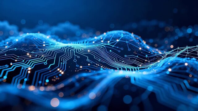 Abstract blue circuit board background with curved data lines and glowing points