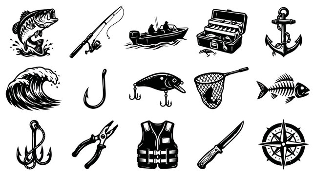 Fishing and Marine Sport Icons Set. Vintage Black  White Outdoor Recreation Graphic Elements.
