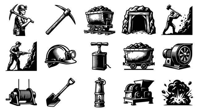 Black and White Mining Icons: Miner, Pickaxe, Cart, Mine Entrance, Hammer, Helmet, Dynamite, Blower, Pulley, Shovel, Lamp, Crusher, Explosion
