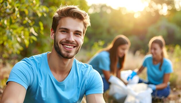 Hombre joven sonriendo al aire libre con personas desenfocadas recogiendo residuos en un parque