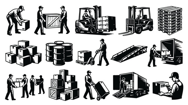 Logistics and Shipping Workers Moving Goods with Forklifts and Trucks - Black White Line Art Vector Set