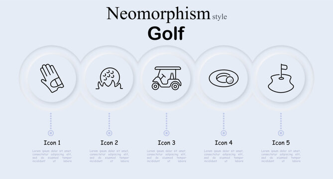 Golf set icon. Golf glove hand wear, golf ball splashing water hazard, golf cart vehicle, ball inside hole cup, green hole with flag. Neomorphic circular buttons