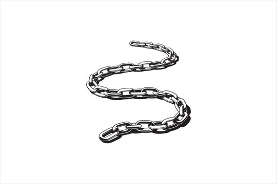 Black and white vector illustration of a curved heavy metal steel chain with shadow. Security, strength, connection, and bond concept isolated on white background. Vector illustration.