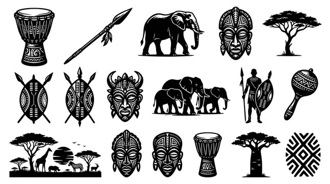 Black and White African Culture  Safari Vector Icon Set with Tribal Masks, Animals, Drums, and Ethnic Elements.