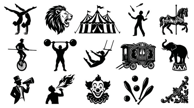 Circus Entertainment Show Silhouettes Vector Icon Set - Performers, Animals, and Tent Glyphs