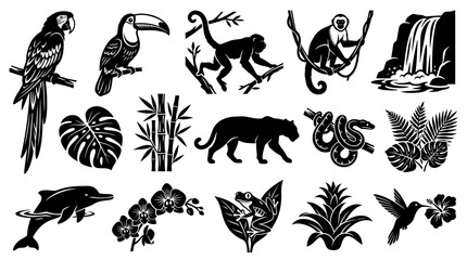 Obraz premium Jungle Wildlife Black and White Icons: Toucan, Parrot, Monkey, Jaguar, Snake, Dolphin