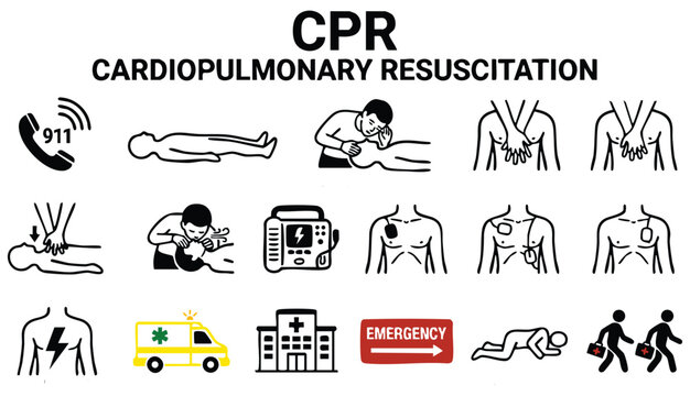 CPR ( Cardiopulmonary resuscitation ) icon ( black & white , flat design ) , Basic life support ( BLS )and Advanced cardiac life support ( ACLS )( mouth to mouth , chest compression , defibrillation )