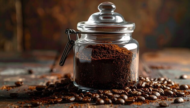 Caf&eacute; molido en tarro de cristal con granos de caf&eacute; sobre mesa r&uacute;stica y fondo oscuro