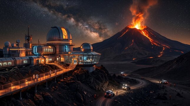 Modern Observatory Near Active Volcano At Night