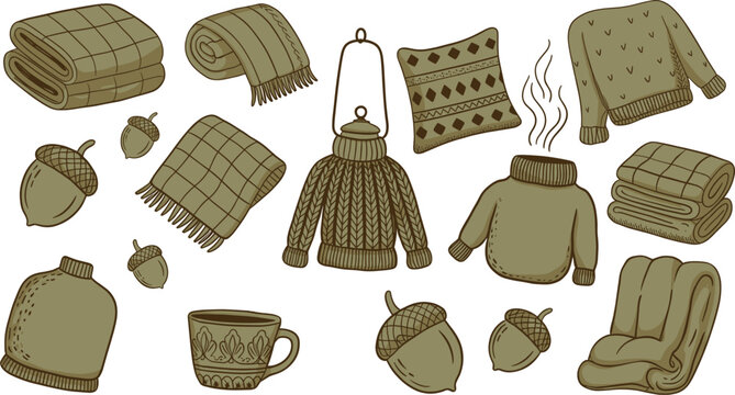 Cozy autumn hygge objects collection in olive green tones with knitted sweaters blankets pillows and acorns vector art.
