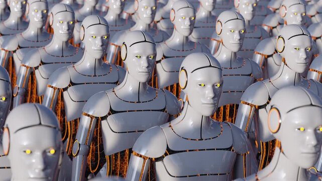 Seamless 3d loop of an army of identical futuristic androids. Abstract visualization of artificial intelligence, cloning and technology evolution. Cinematic sci-fi atmosphere for tech projects.