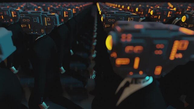 Endless 3d animation loop of humanoid cyborgs with technology heads wearing business suits. Concept of total control, mass monitoring, privacy loss and futuristic corporate dictatorship.