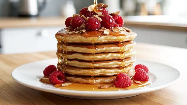 Delicious stack of fluffy pancakes with fresh raspberries, almond flakes, and flowing golden maple syrup on a white plate